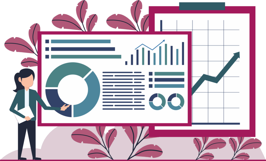 Eine Illustrationen die Diagramme und Entwicklung passend zu einer Strategieentwicklung zeigt.